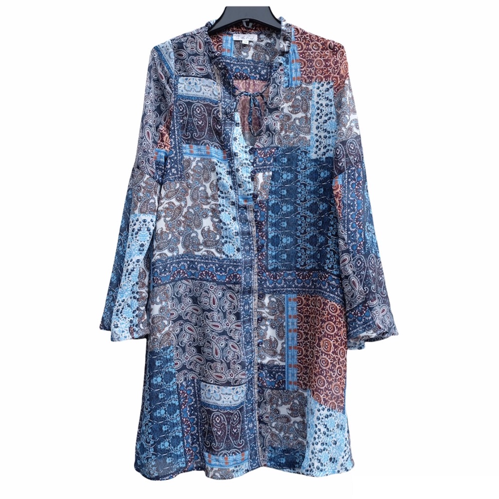On The Road Paisley Medallion Button Up Bell Sleeve Shift Midi Shirt Dress EUC M